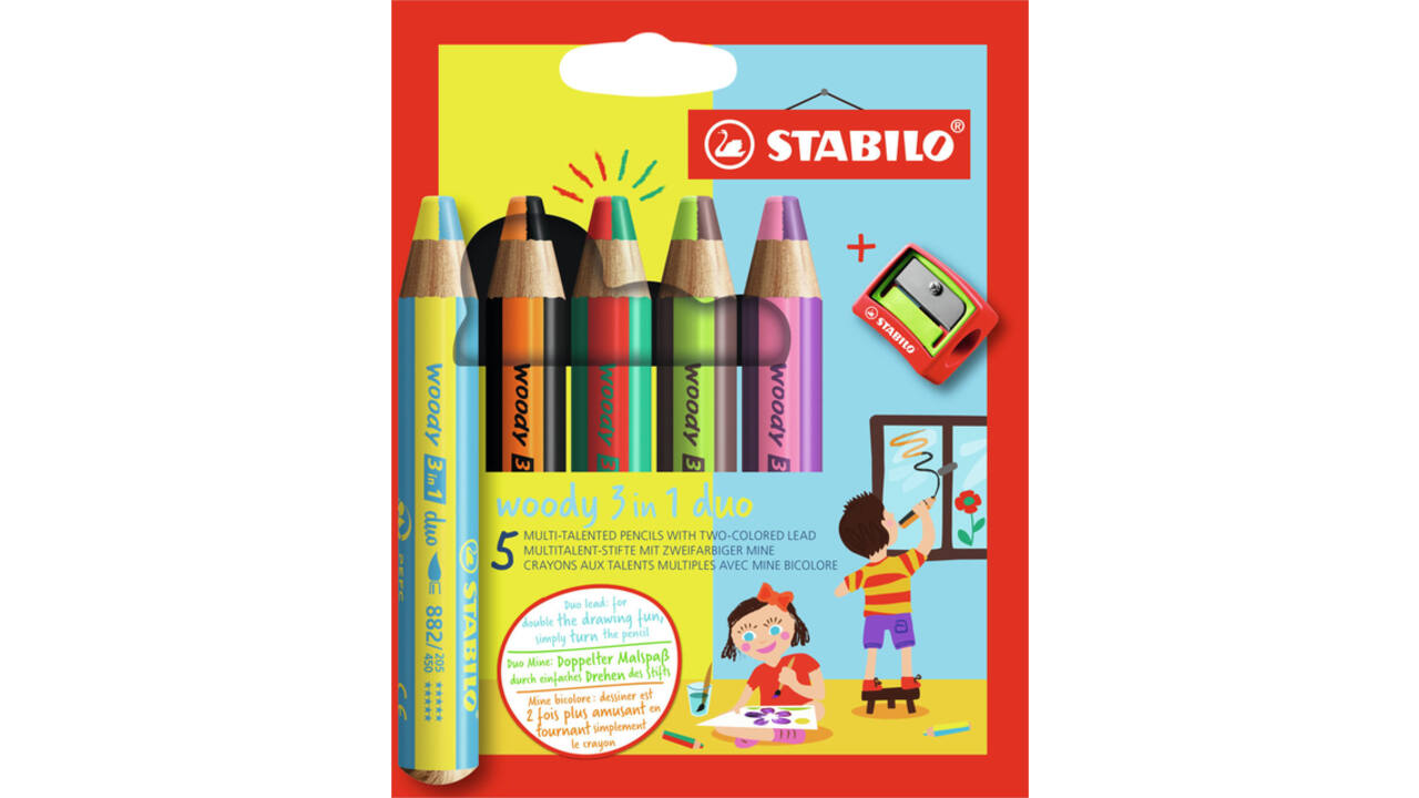 Kleurpotloden STABILO 882 woody 3 in 1 duo puntenslijper assorti 5st