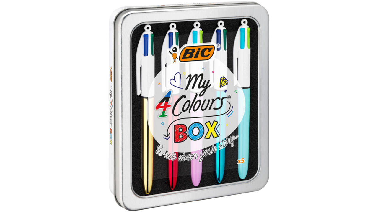Balpen Bic 4kleuren My Bic medium assorti blik à 5 stuks