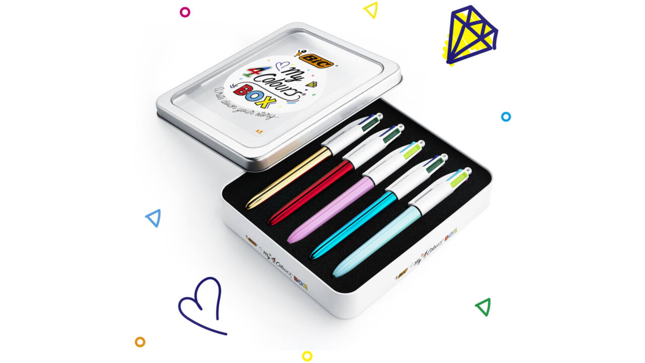 Balpen Bic 4kleuren My Bic medium assorti blik à 5 stuks