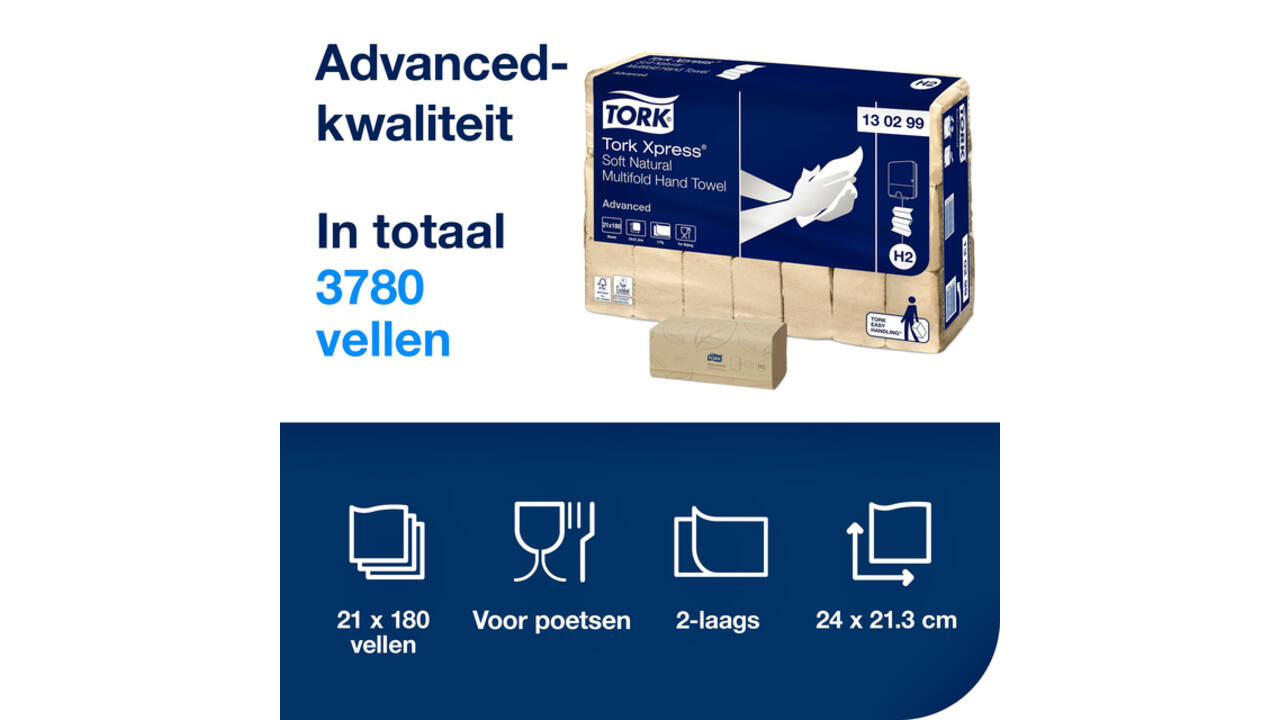 Handdoek Tork H2 Xpress Advanced multifold 2-laags 213x240mm 21x180 vel naturel 130299