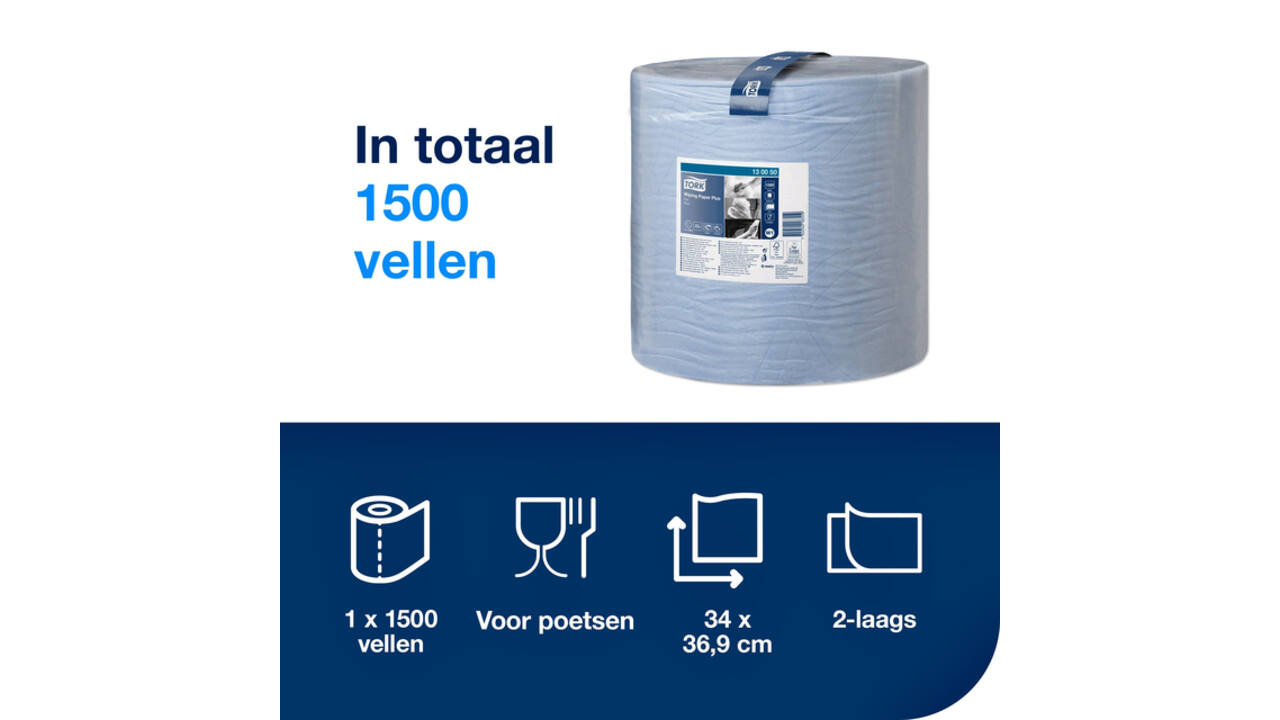 Poetspapier Tork W1 Plus Premium 2-laags 1500 vel blauw 130050