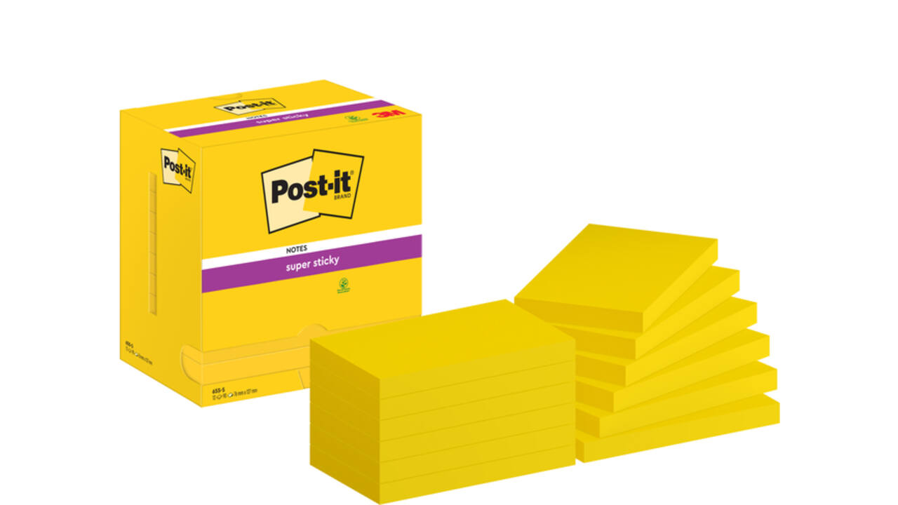 Memoblok Post-it 655 Super Sticky 76x127mm neon geel 12 stuks