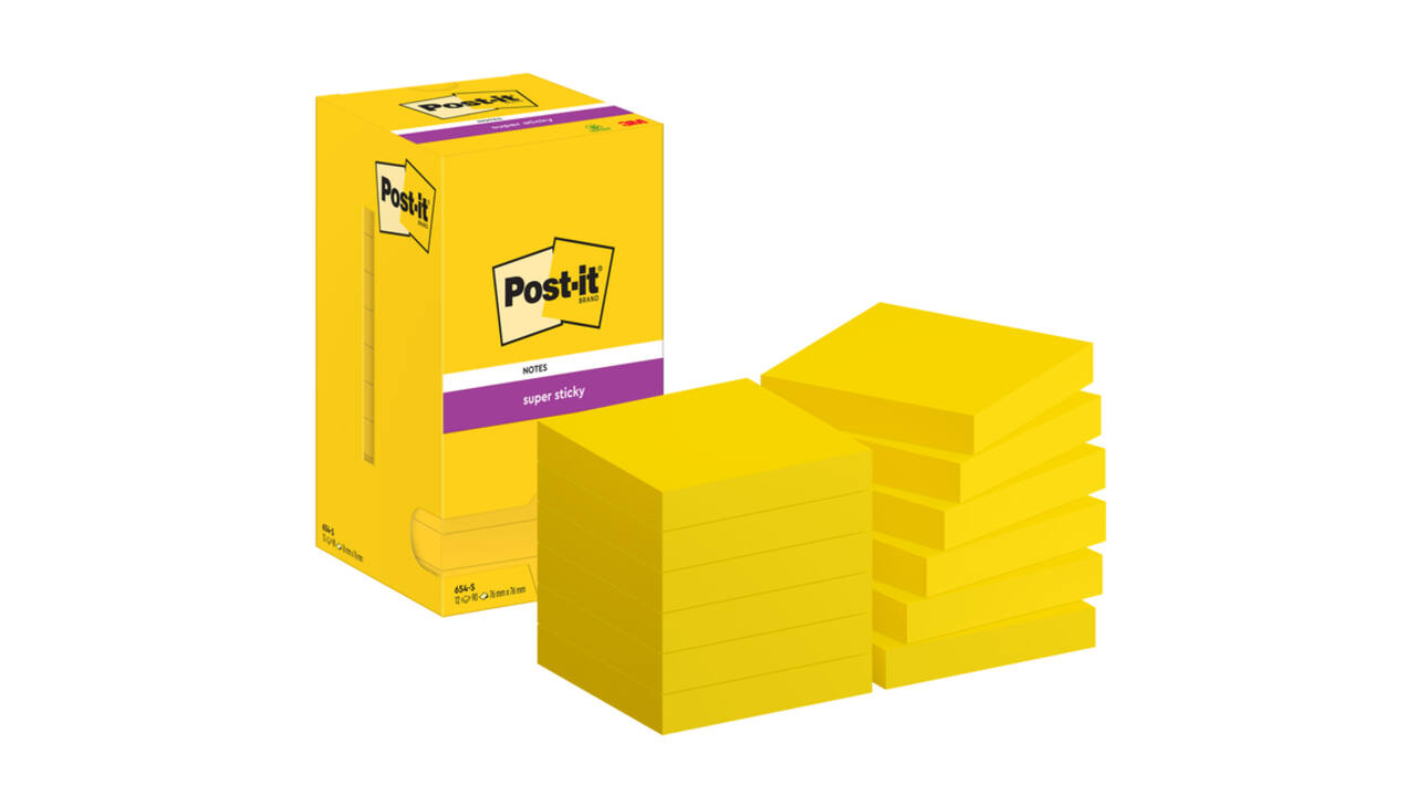 Memoblok Post-it 654 Super Sticky 76x76mm ultrageel 12 stuks