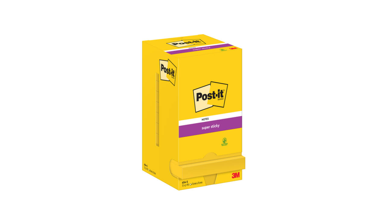 Memoblok Post-it 654 Super Sticky 76x76mm ultrageel 12 stuks