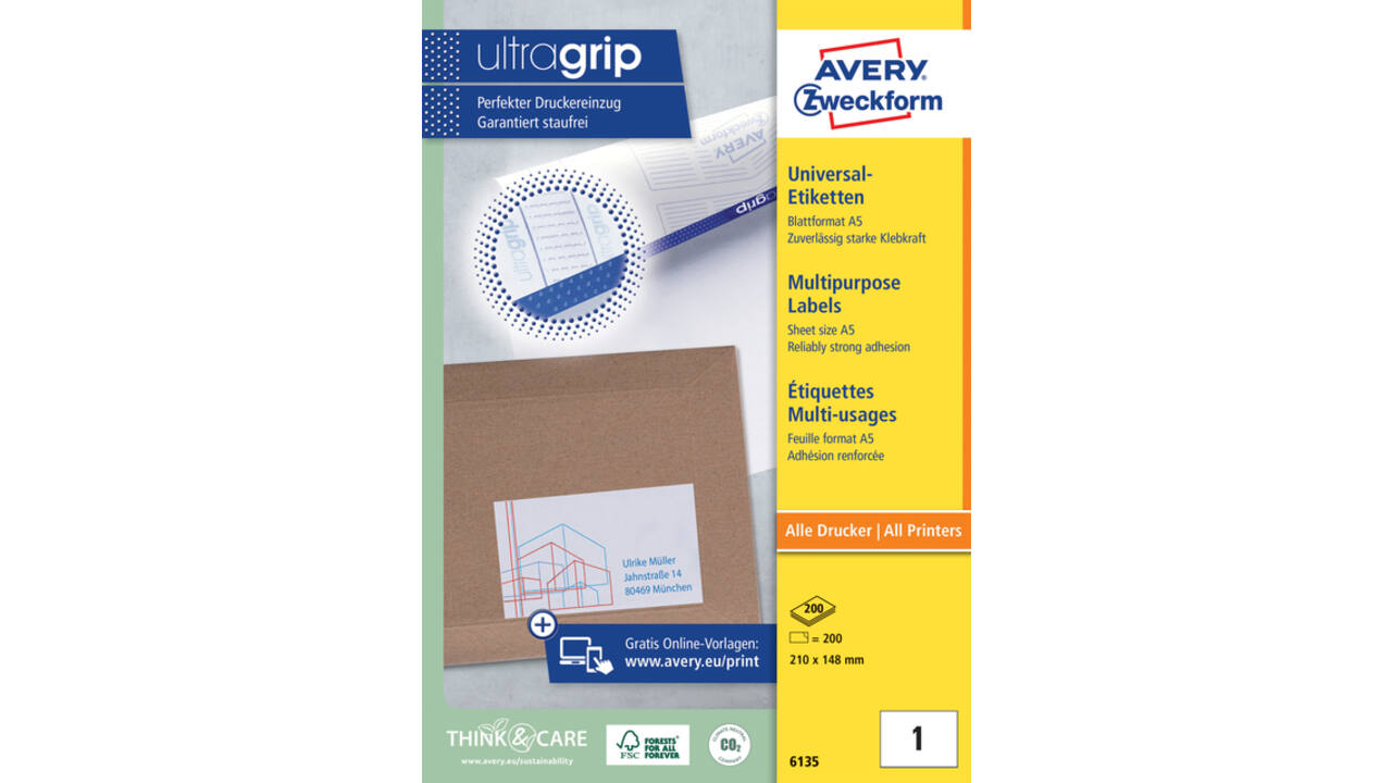 Etiket Avery 6135 210x148mm wit 200 stuks