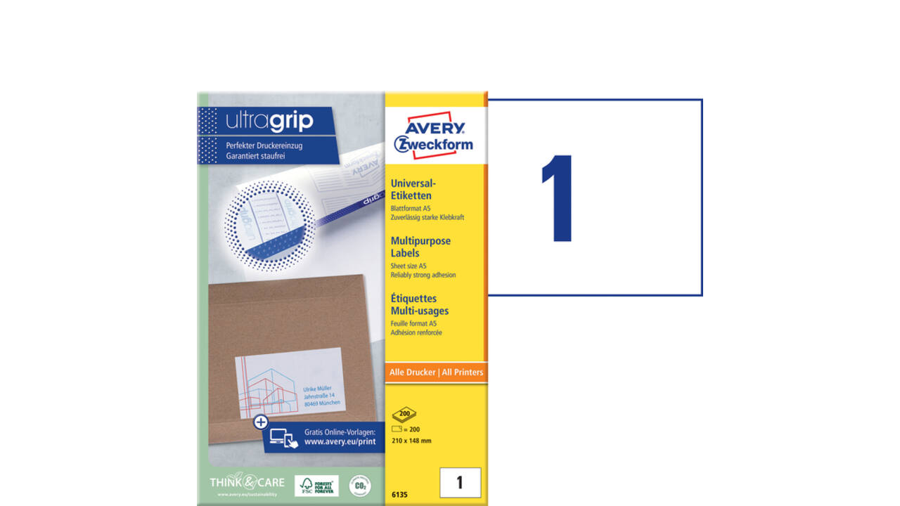 Etiket Avery 6135 210x148mm wit 200 stuks