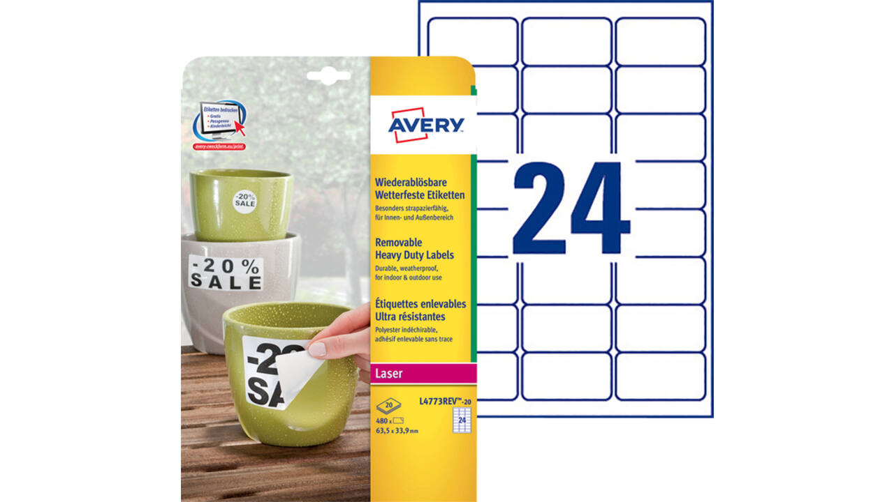 Etiket Avery L4773REV-20 63.5x33.9mm wit 480 stuks