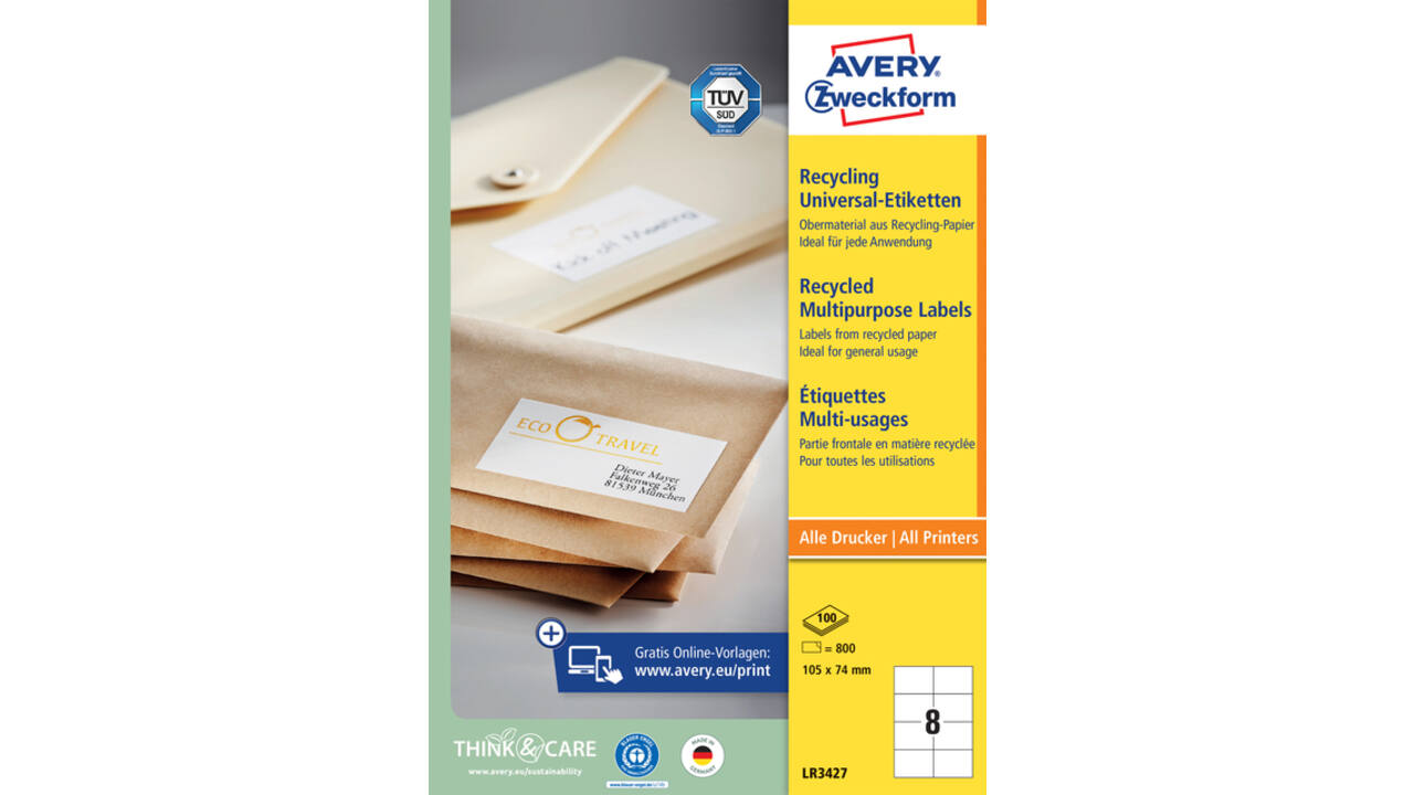 Etiket Avery LR3427-100 105x74mm recycled wit 800 stuks