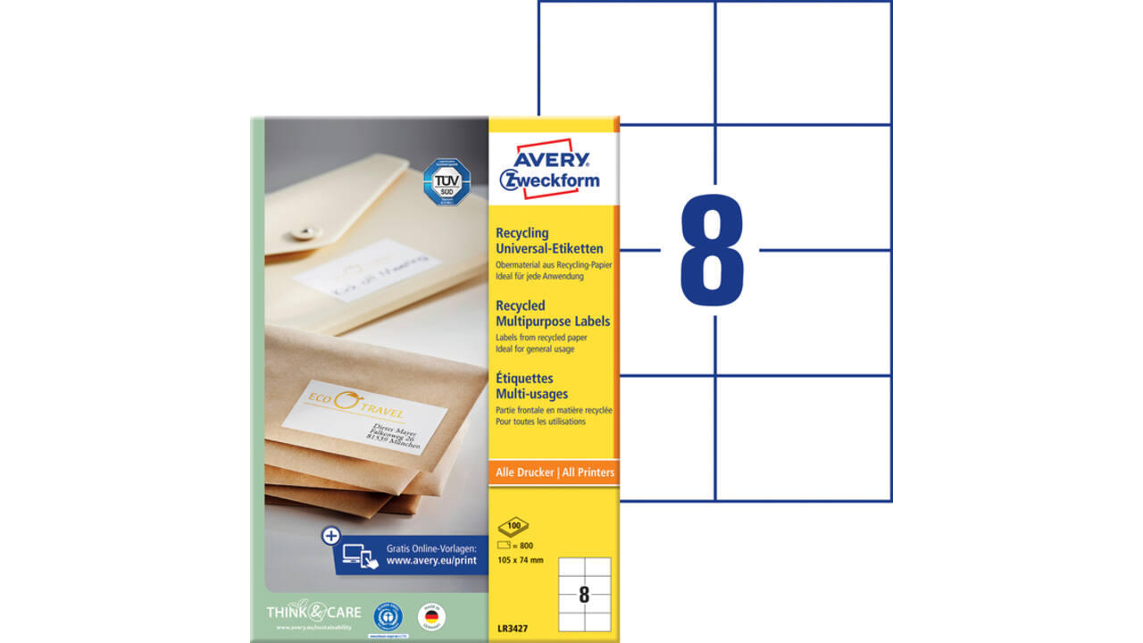 Etiket Avery LR3427-100 105x74mm recycled wit 800 stuks