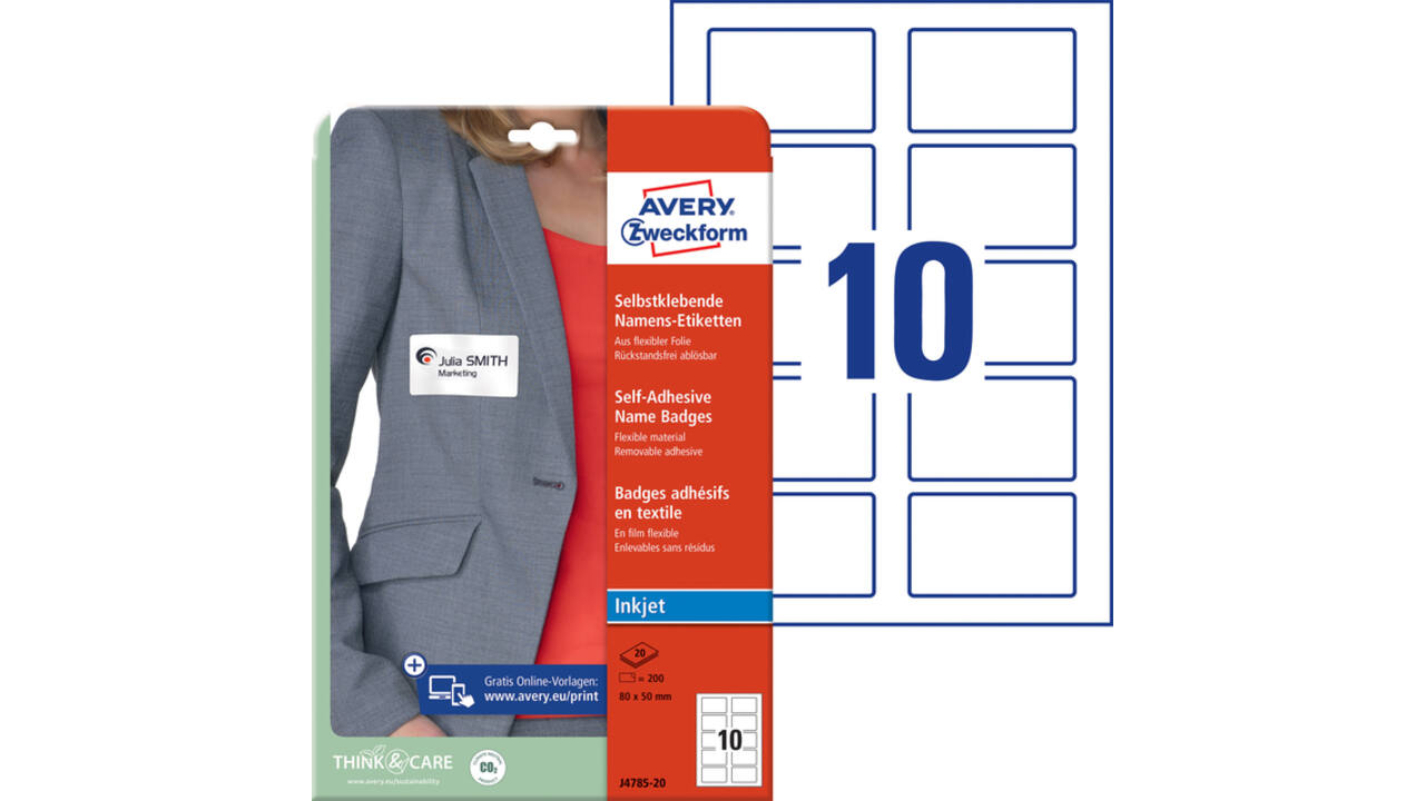 Naambadge etiket Avery J4785-20 80x50mm wit 200 stuks