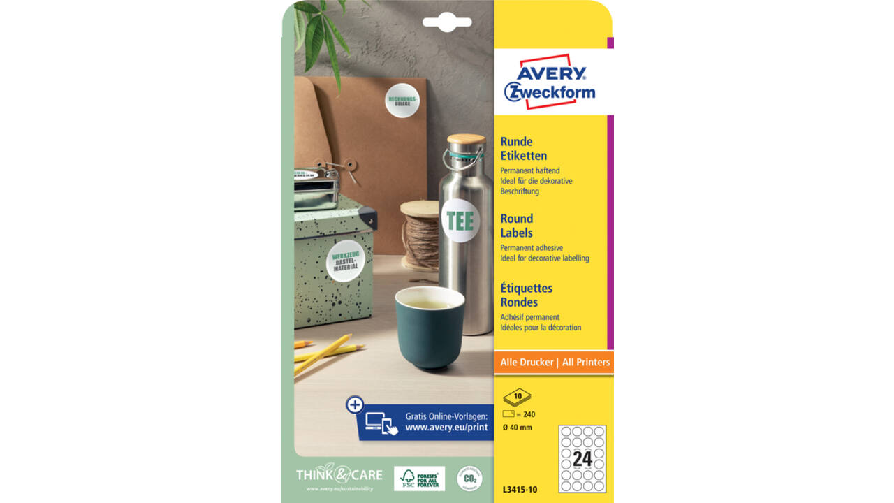 Etiket Avery L3415-10 rond 40mm wit 240 stuks