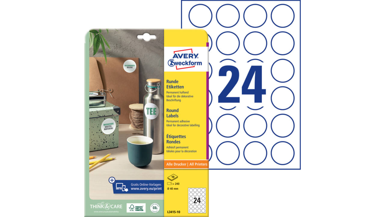 Etiket Avery L3415-10 rond 40mm wit 240 stuks