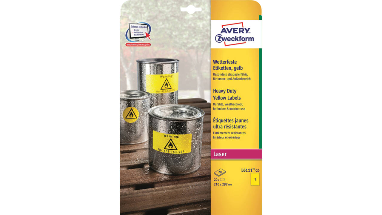 Etiket Avery L6111-20 210x297mm geel 20 stuks