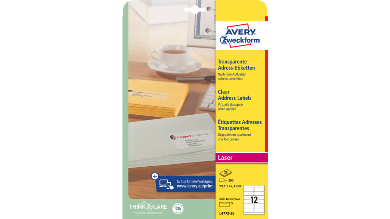 Etiket Avery L4772-25 99.1x42.3 mm transparant mat 300 stuks