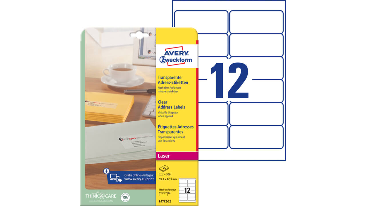 Etiket Avery L4772-25 99.1x42.3 mm transparant mat 300 stuks