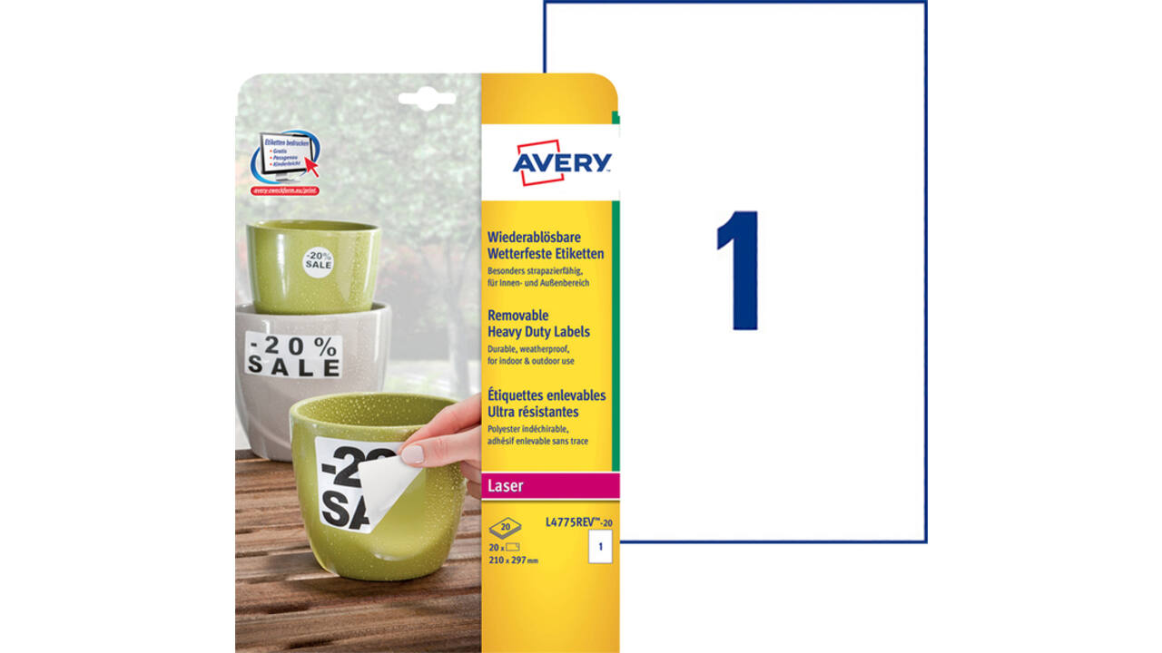 Etiket Avery L4775REV-20 210x297mm wit 20 stuks