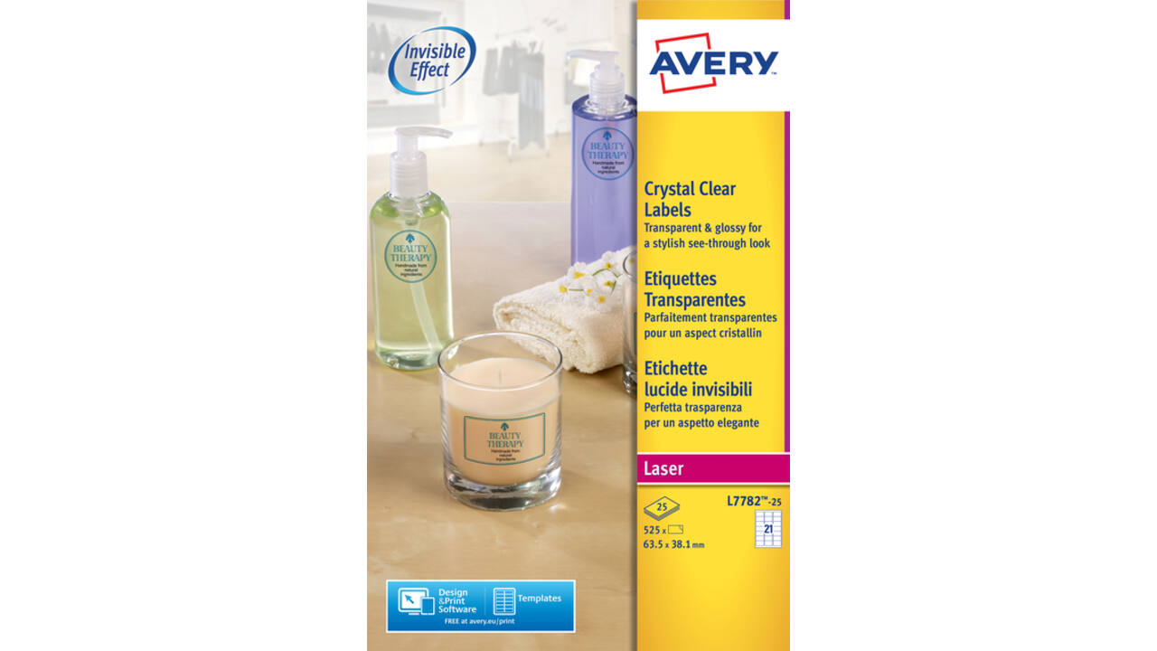 Etiket Avery L7782-25 63.5x38.1mm transparant 525 stuks