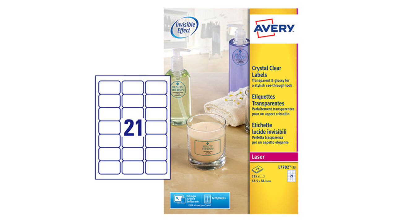 Etiket Avery L7782-25 63.5x38.1mm transparant 525 stuks