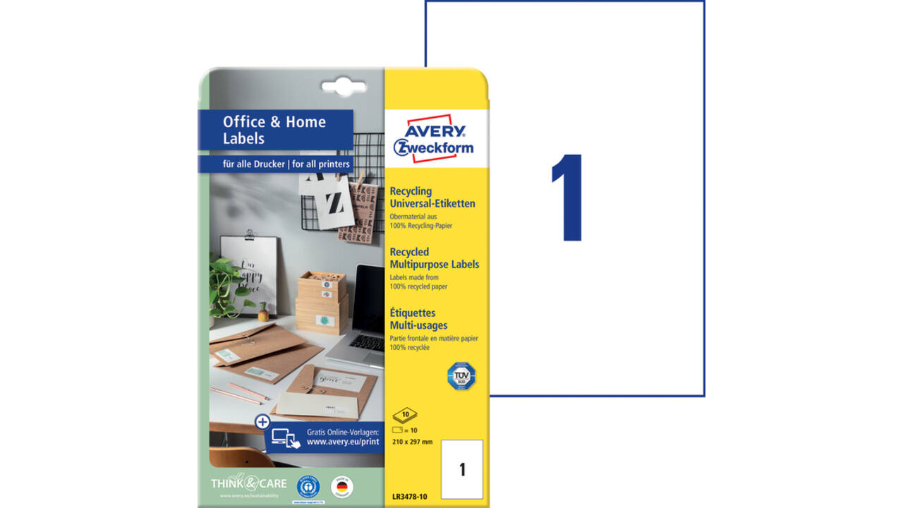 Etiket Avery LR3478-10 210x297mm recycled wit 10 stuks