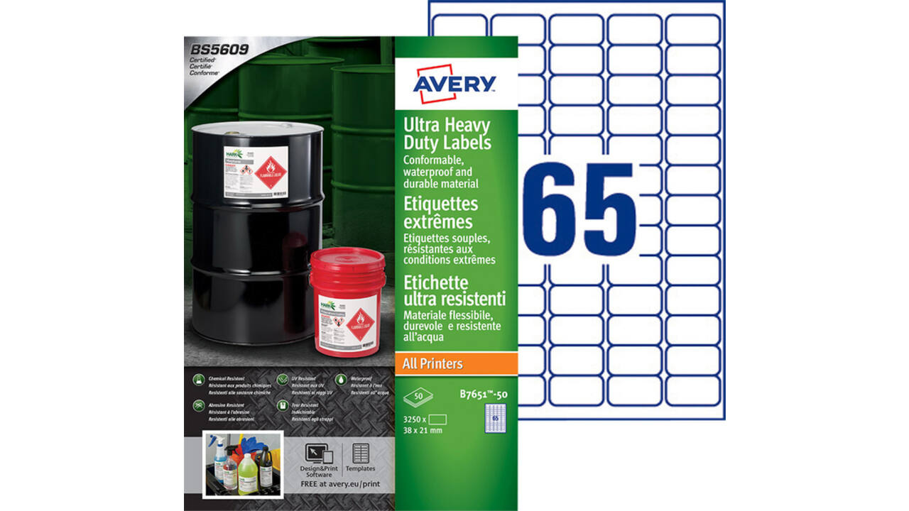 Etiket Avery B7651-50 38x21mm polyethyleen wit 3250 stuks