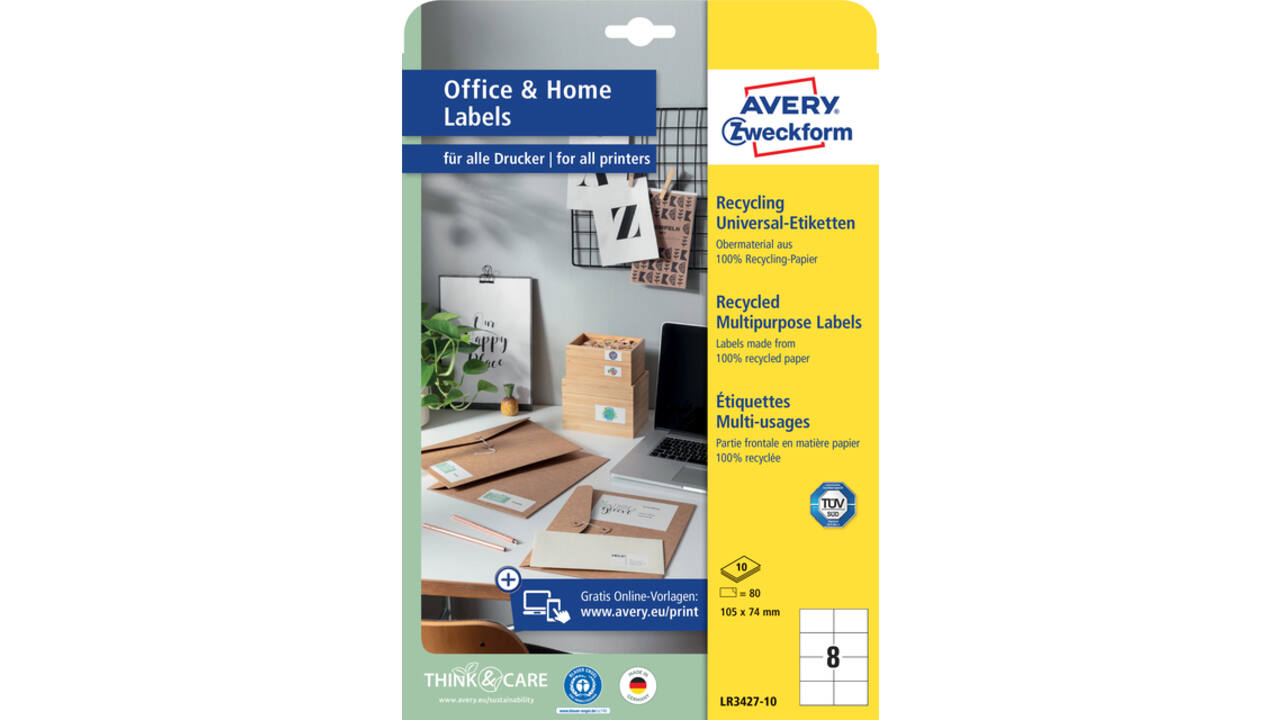 Etiket Avery LR3427-10 105x74 mm recycled wit 80 stuks