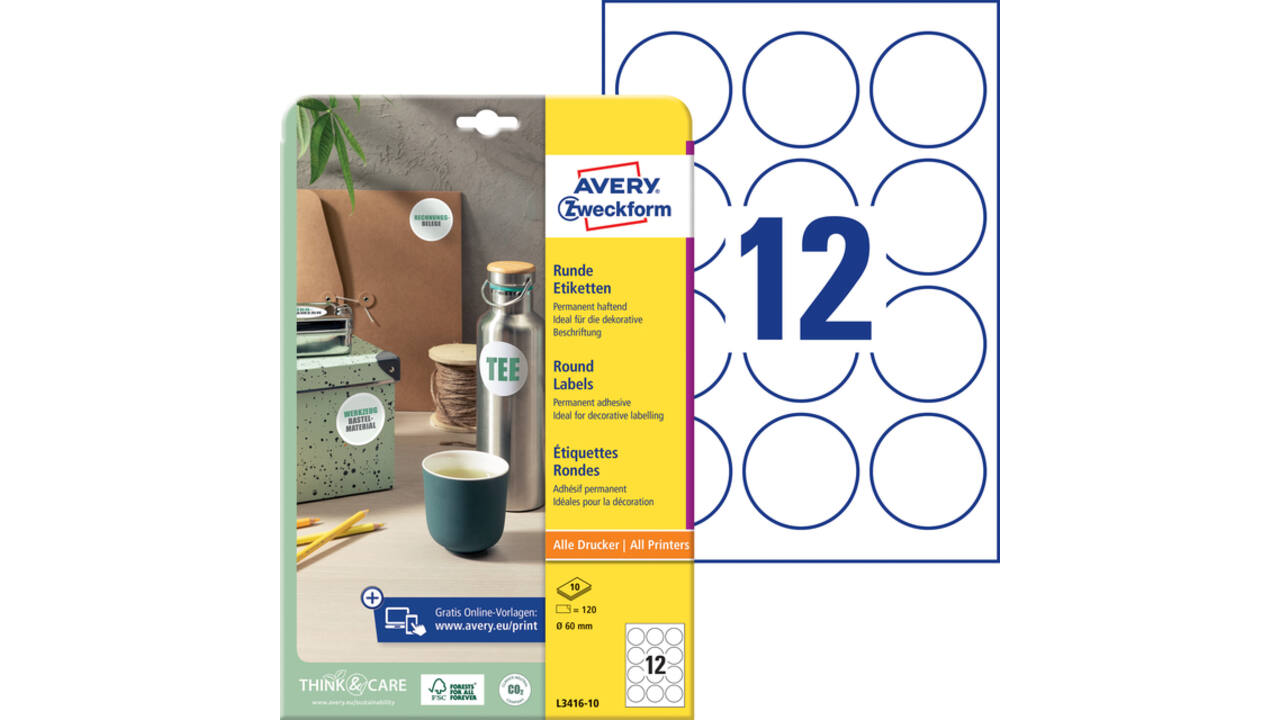 Etiket Avery L3416-10 rond 60mm wit 120 stuks