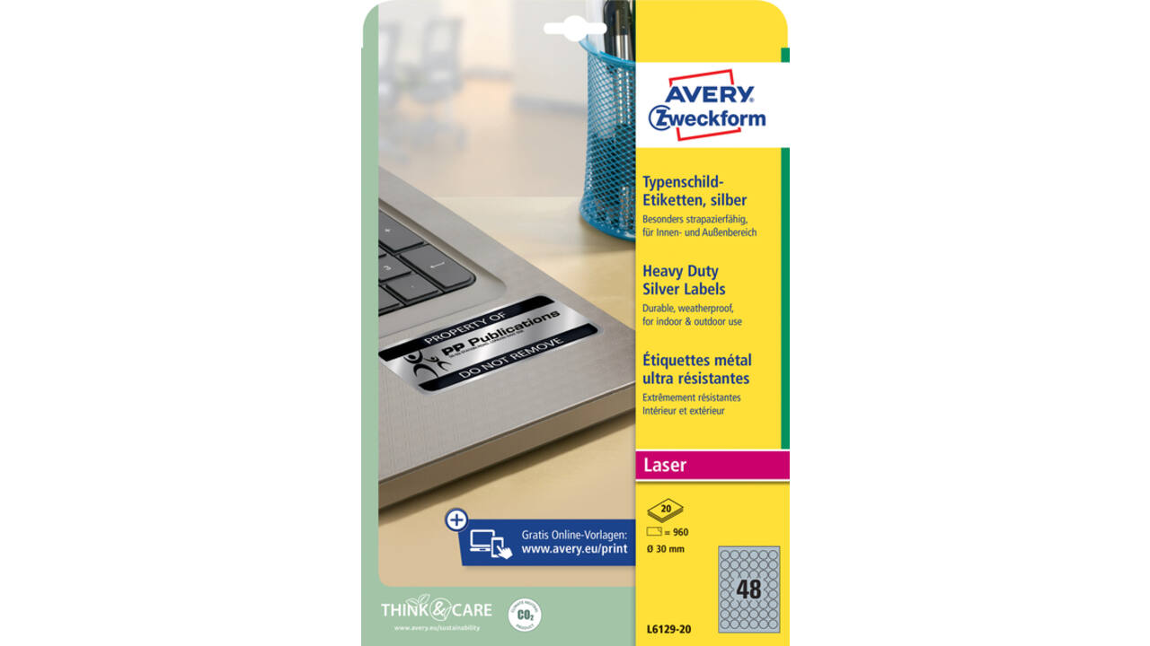 Etiket Avery L6129-20 rond 30mm zilver 960 stuks