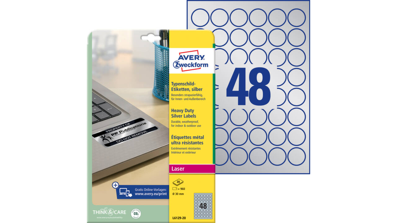Etiket Avery L6129-20 rond 30mm zilver 960 stuks