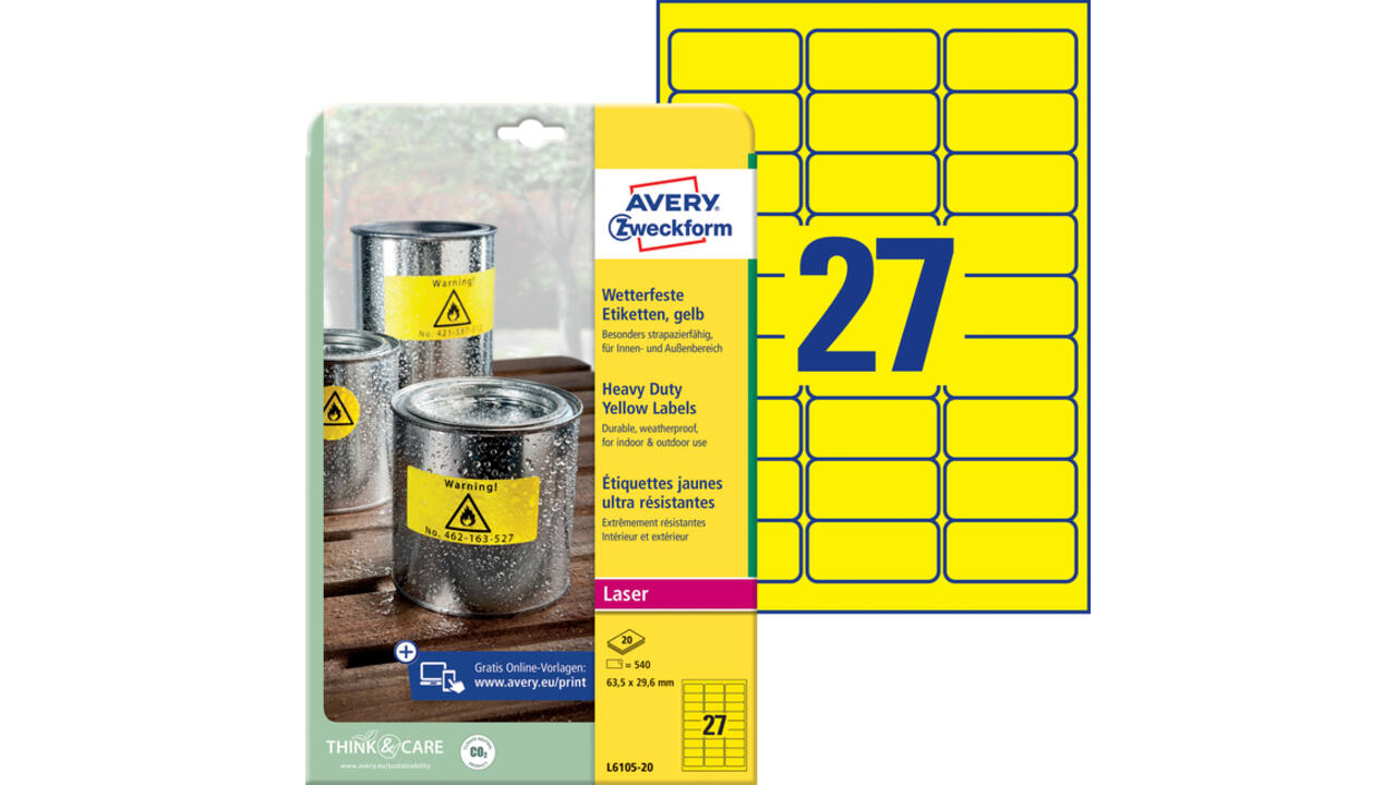 Etiket Avery L6105-20 63.5x29.6mm geel 540 stuks