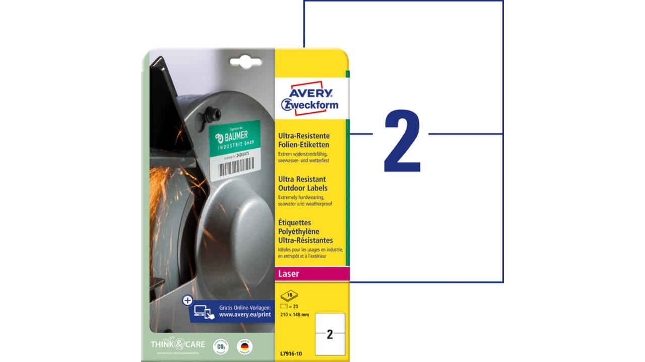 Etiket Avery L7916-10 210x148mm polyethyleen wit 20 stuks