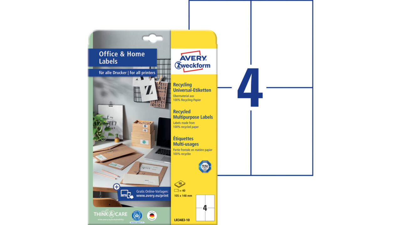 Etiket Avery LR3483-10 105x148mm recycled wit 40 stuks