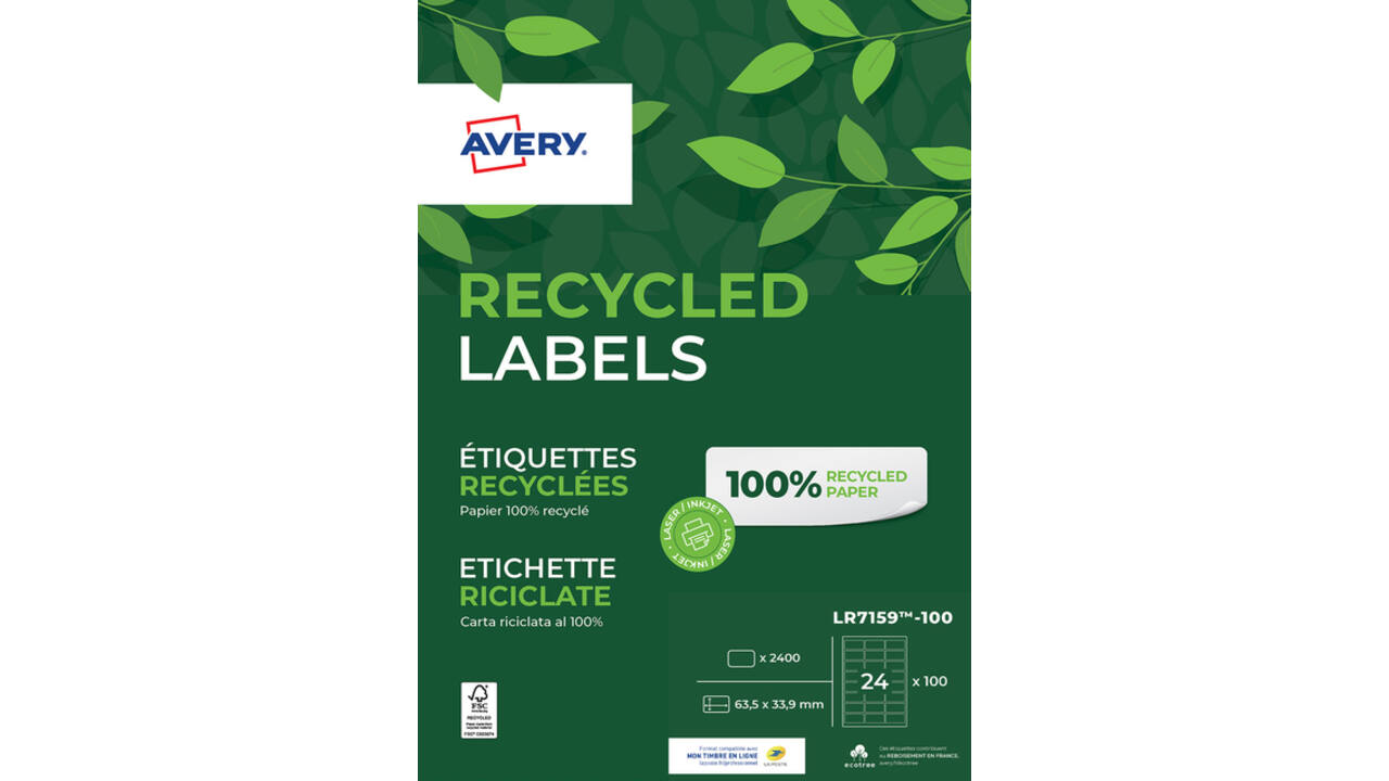 Etiket Avery LR7159-100 63.5x33.9mm recycled wit 2400 stuks