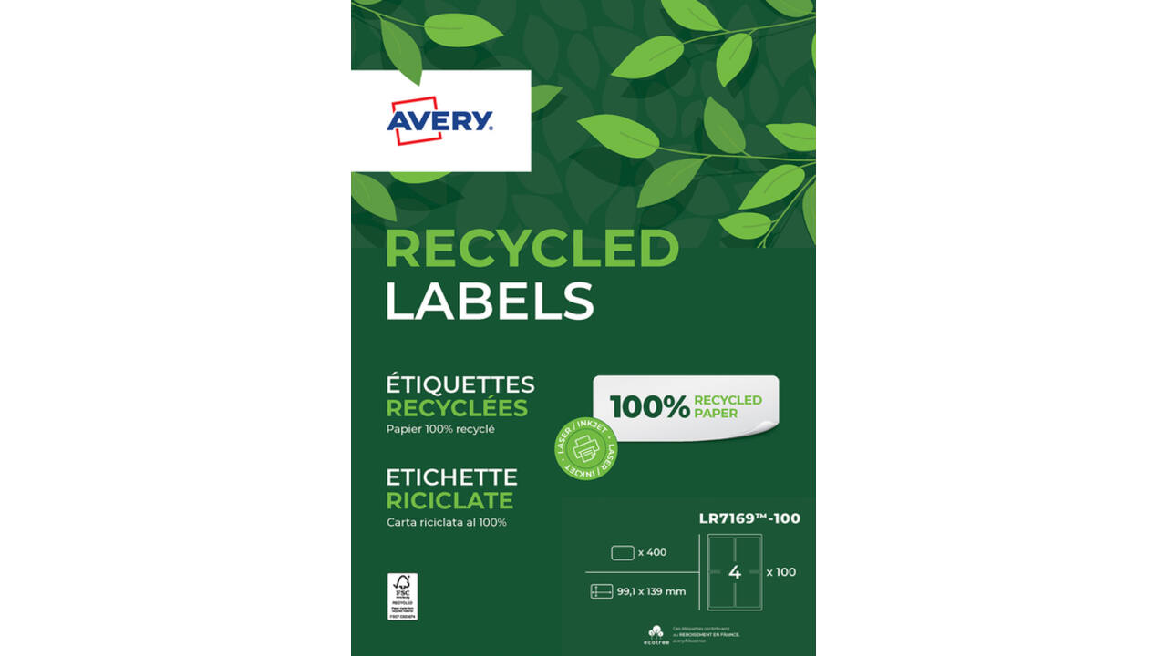 Etiket Avery LR7169-100 99.1x139 mm recycled wit 400 stuks