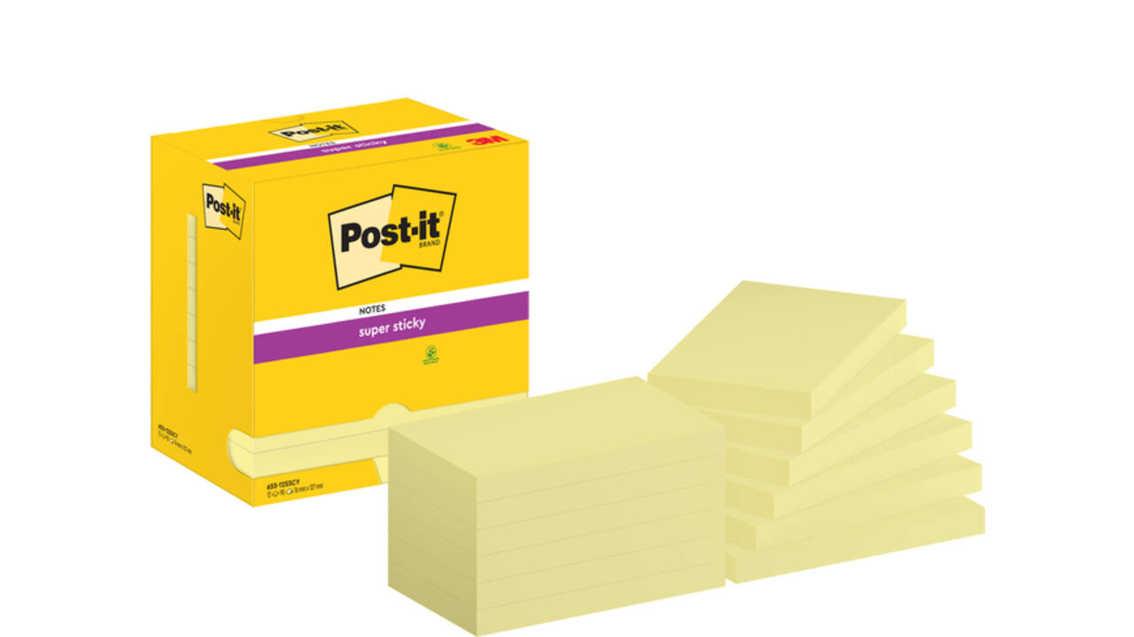 Memoblok Post-it 655 Super Sticky 76x127mm Canary yellow 12 stuks