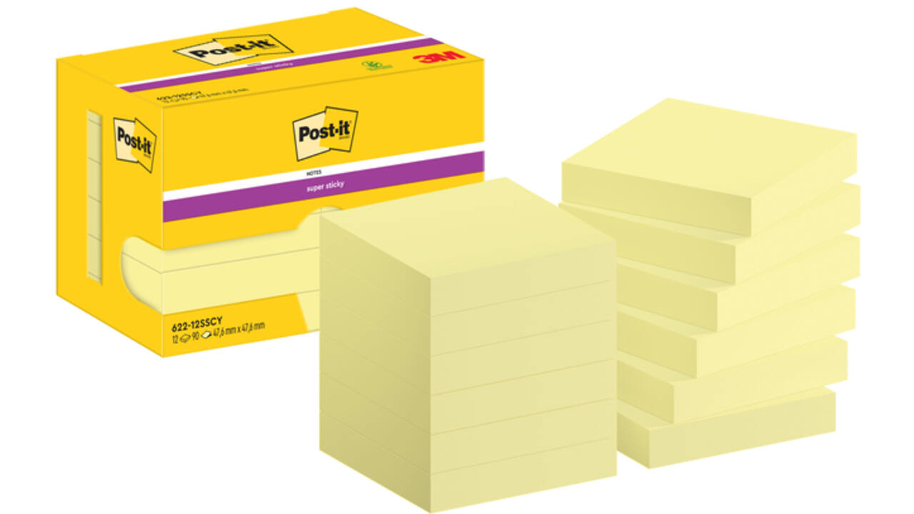 Memoblok Post-it 622 Super Sticky 47,6x47,6mm geel 12 stuks
