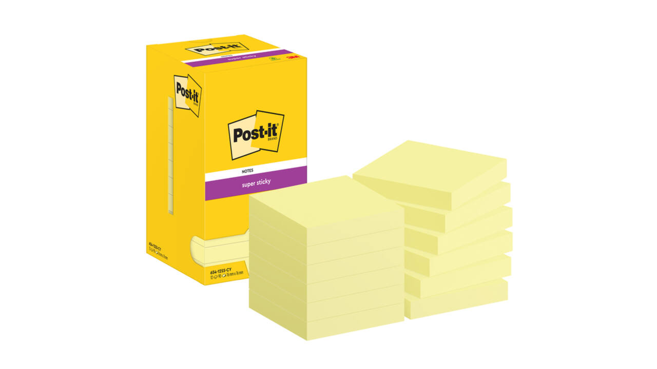 Memoblok Post-it 654 Super Sticky 76x76mm canary yellow 12 stuks