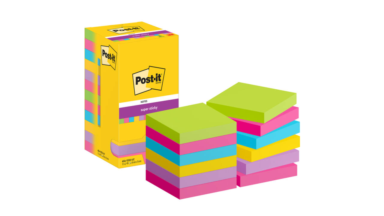 Memoblok Post-it 654 Super Sticky 76x76mm 90 vel rainbow 12 stuks