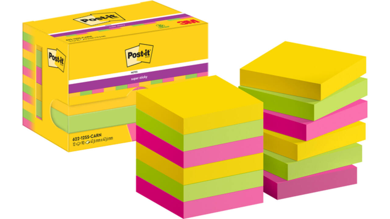 Memoblok Post-it 622 Super Sticky 47,6x47,6mm Carnival 12 stuks