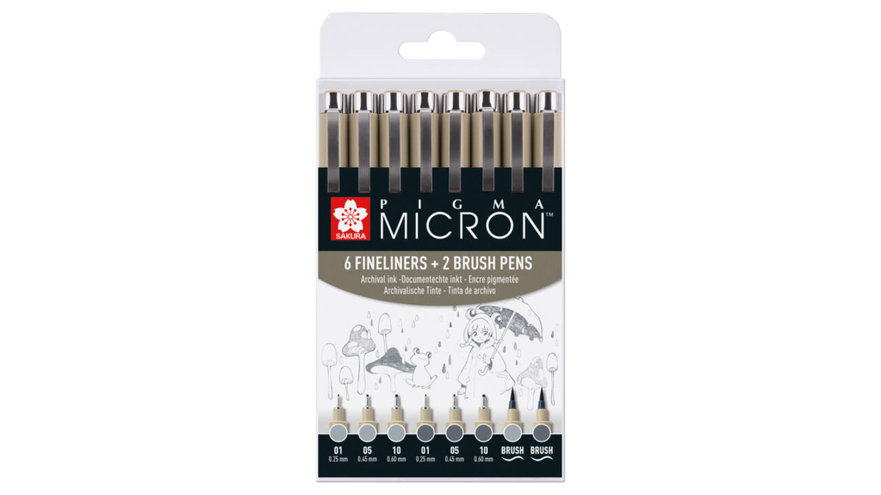 Fineliner Sakura Pigma Micron 6 schrijfbreedtes - 2 brushpen koudgrijs