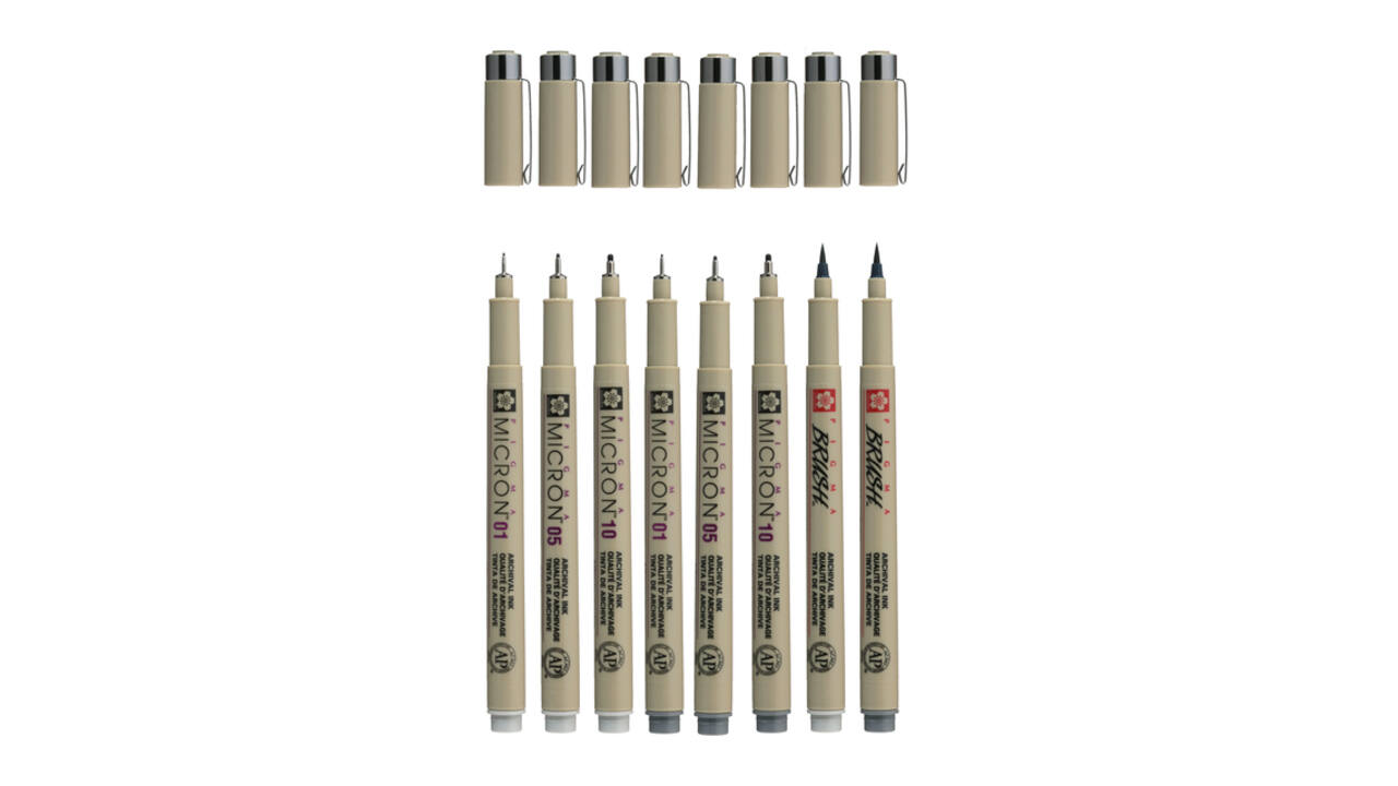 Fineliner Sakura Pigma Micron 6 schrijfbreedtes - 2 brushpen koudgrijs