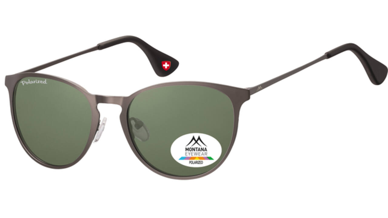 Zonnebril Montana met groen G15 gepolariseerd rond glas staalkleurig