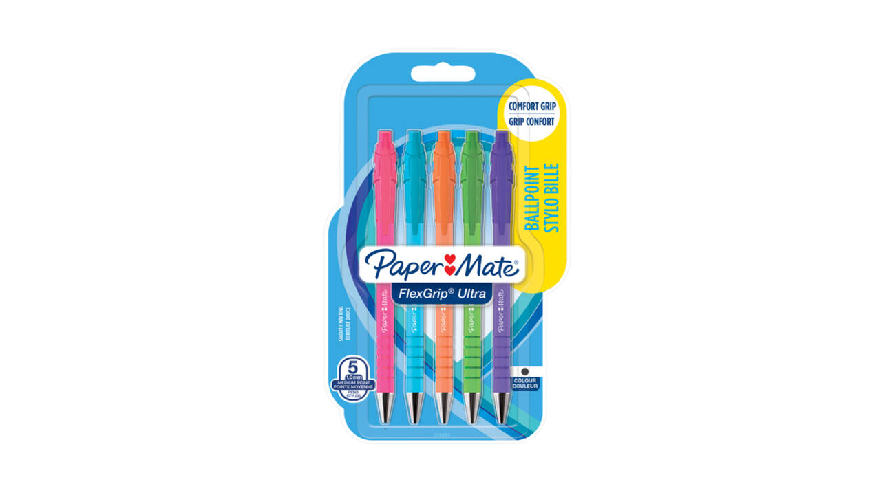 Balpen Paper Mate Flexgrip drukknop Bright fun M assorti blister à 5st