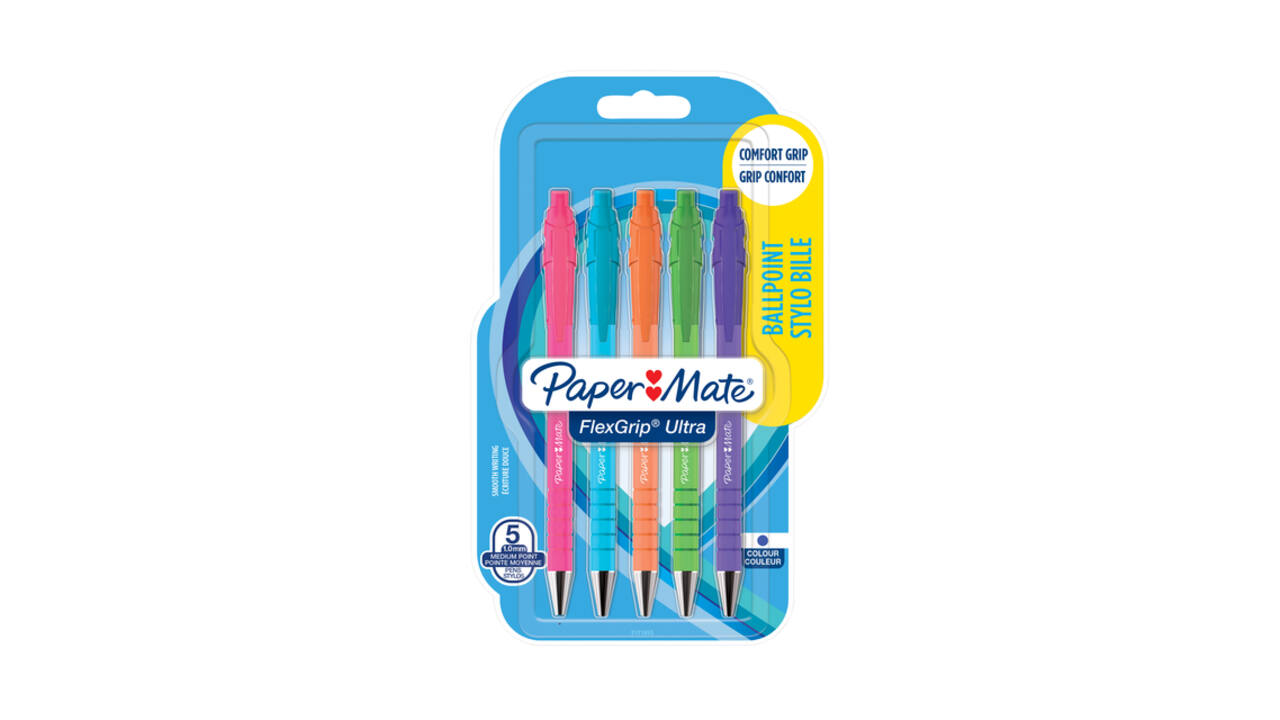 Balpen Paper Mate Flexgrip drukknop Bright fun medium assorti 5 stuks