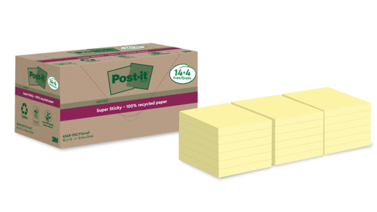 Memoblok Post-it 654 RSS12CY 76x76mm geel 14+4 gratis