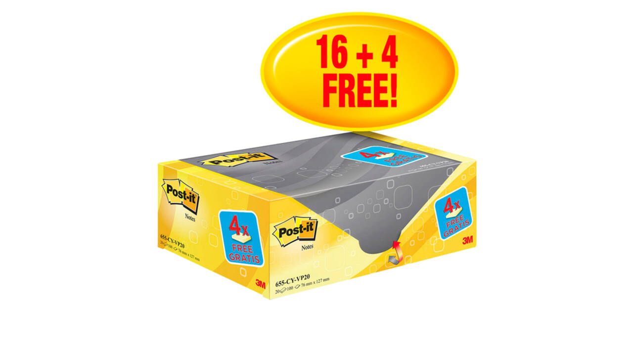 Memoblok 3M Post-it 655 76x127mm geel 16 + 4 gratis
