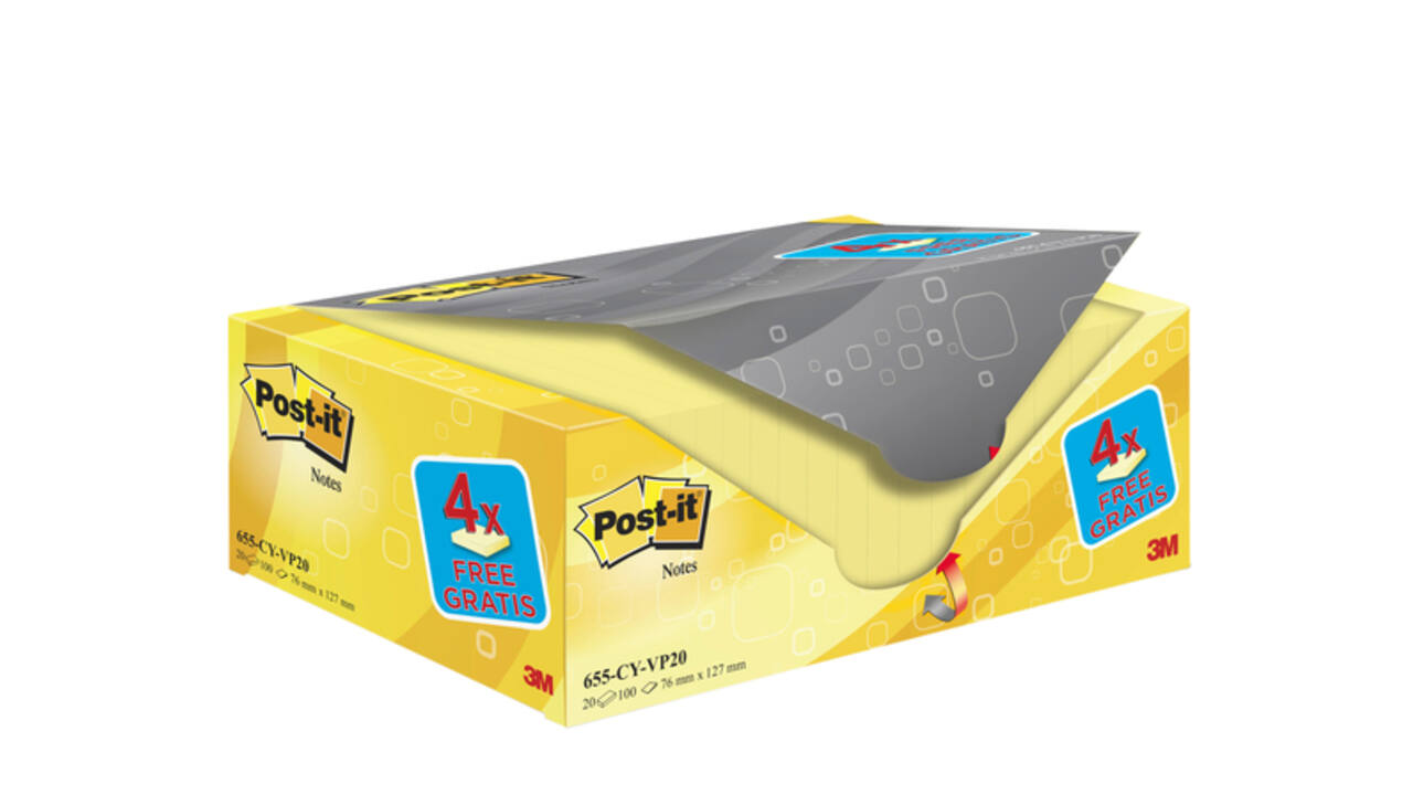 Memoblok 3M Post-it 655 76x127mm geel 16 + 4 gratis