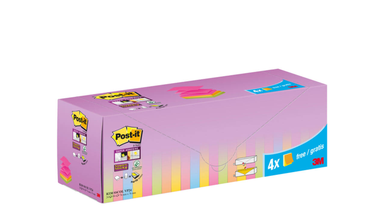 Memoblok 3M Post-it Z-Note R330 Super Sticky 76x76mm assorti kleur 20 + 4 gratis