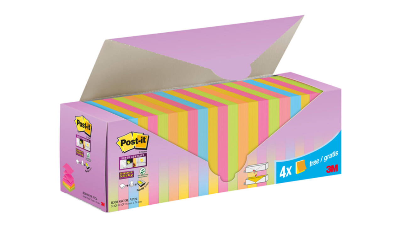Memoblok 3M Post-it Z-Note R330 Super Sticky 76x76mm assorti kleur 20 + 4 gratis