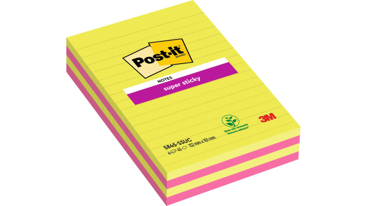 Memoblok 3M Post-it 584 127x203mm Super Sticky lijn assorti kleur 4 stuks