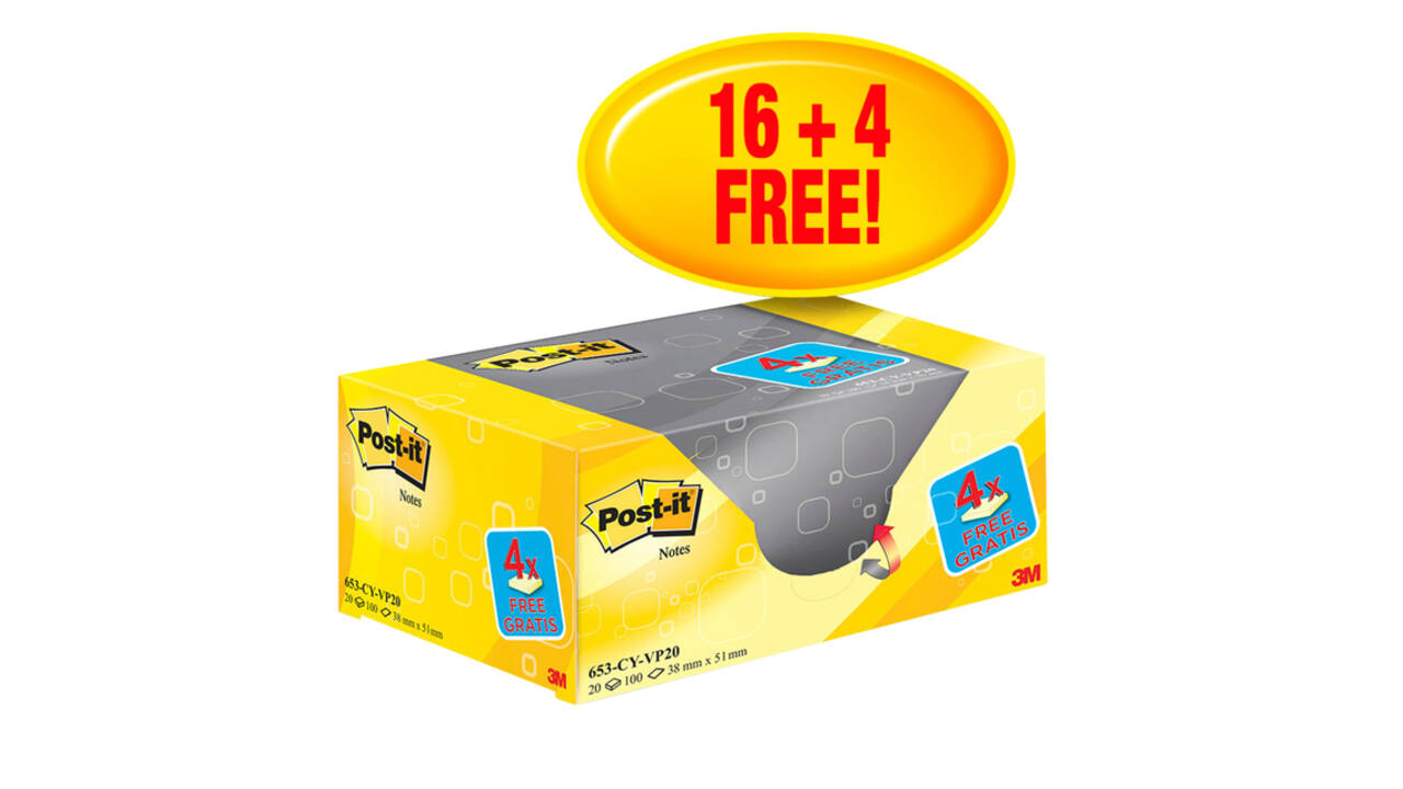 Memoblok 3M Post-it 653 38x51mm geel 16 + 4 gratis